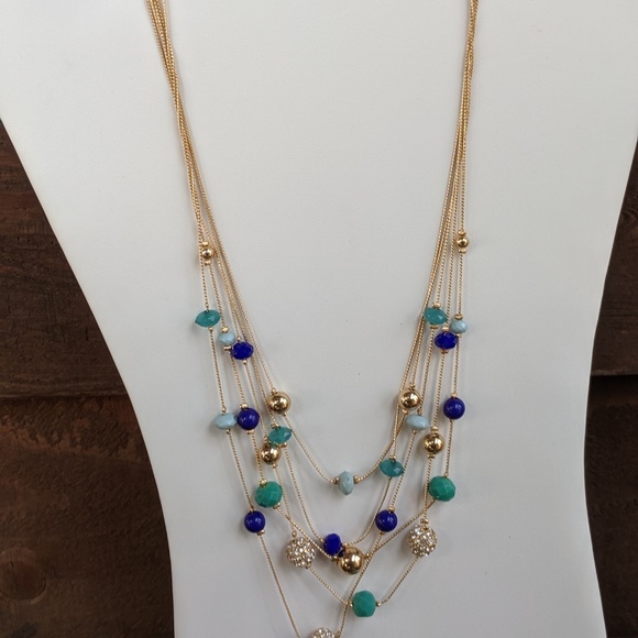 INC Multi Beaded Layered Statement Necklace Blue - Picture 3 of 5